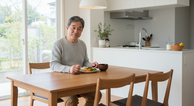 鼠径ヘルニアの手術後に食事を食べている男性
