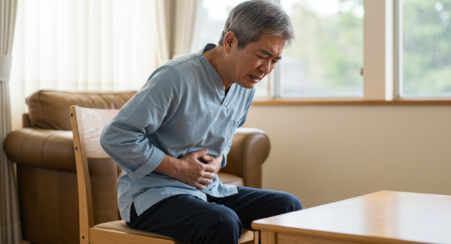 鼠径ヘルニアの術後に痛みを感じている男性
