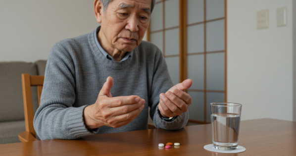 持病の薬を飲んでいる高齢男性