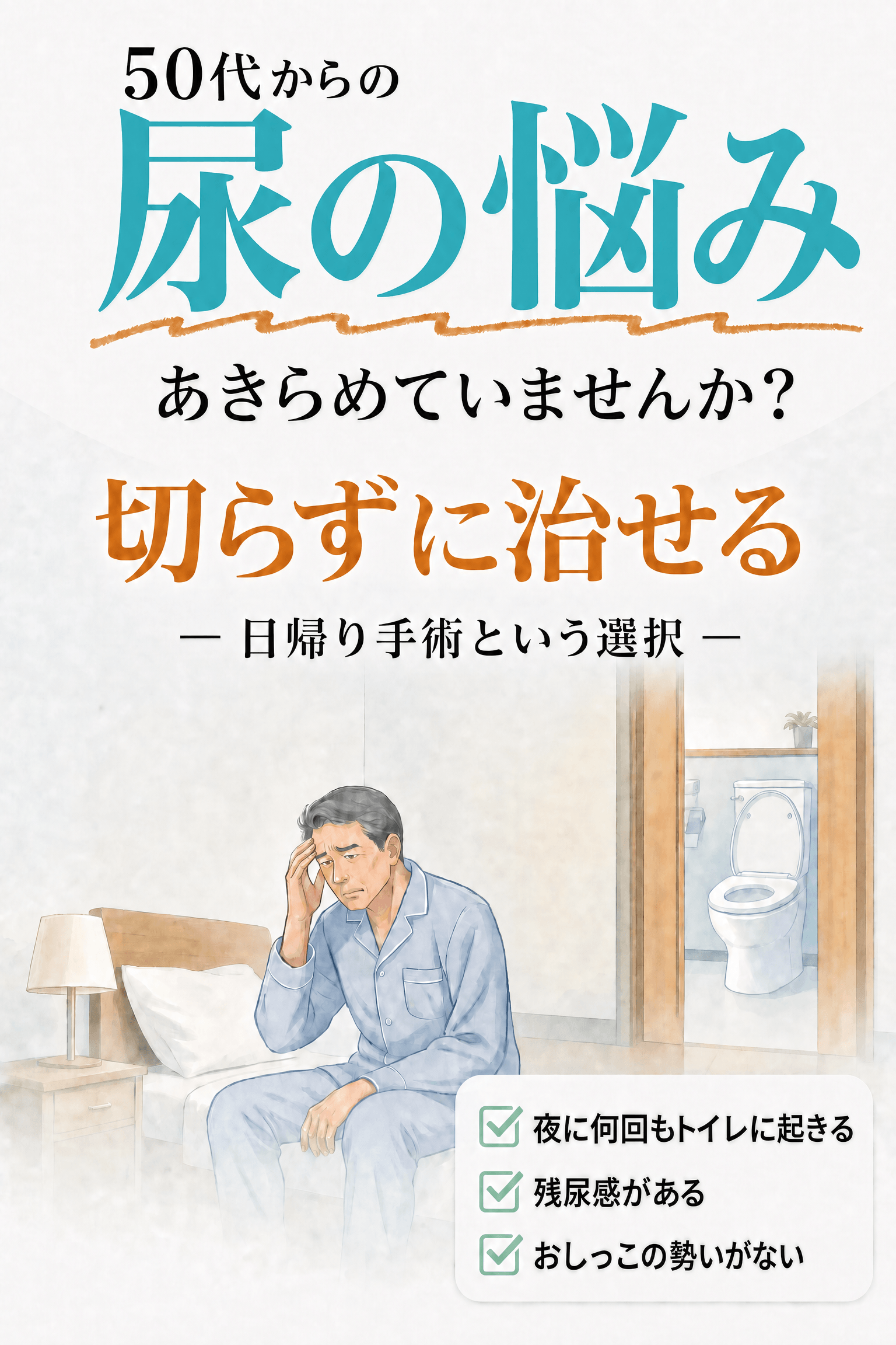 50代からの尿の悩み、あきらめていませんか。切らずに治せる日帰り手術という選択。夜に何回もトイレに起きる、残尿感がある、おしっこの勢いがない方へ