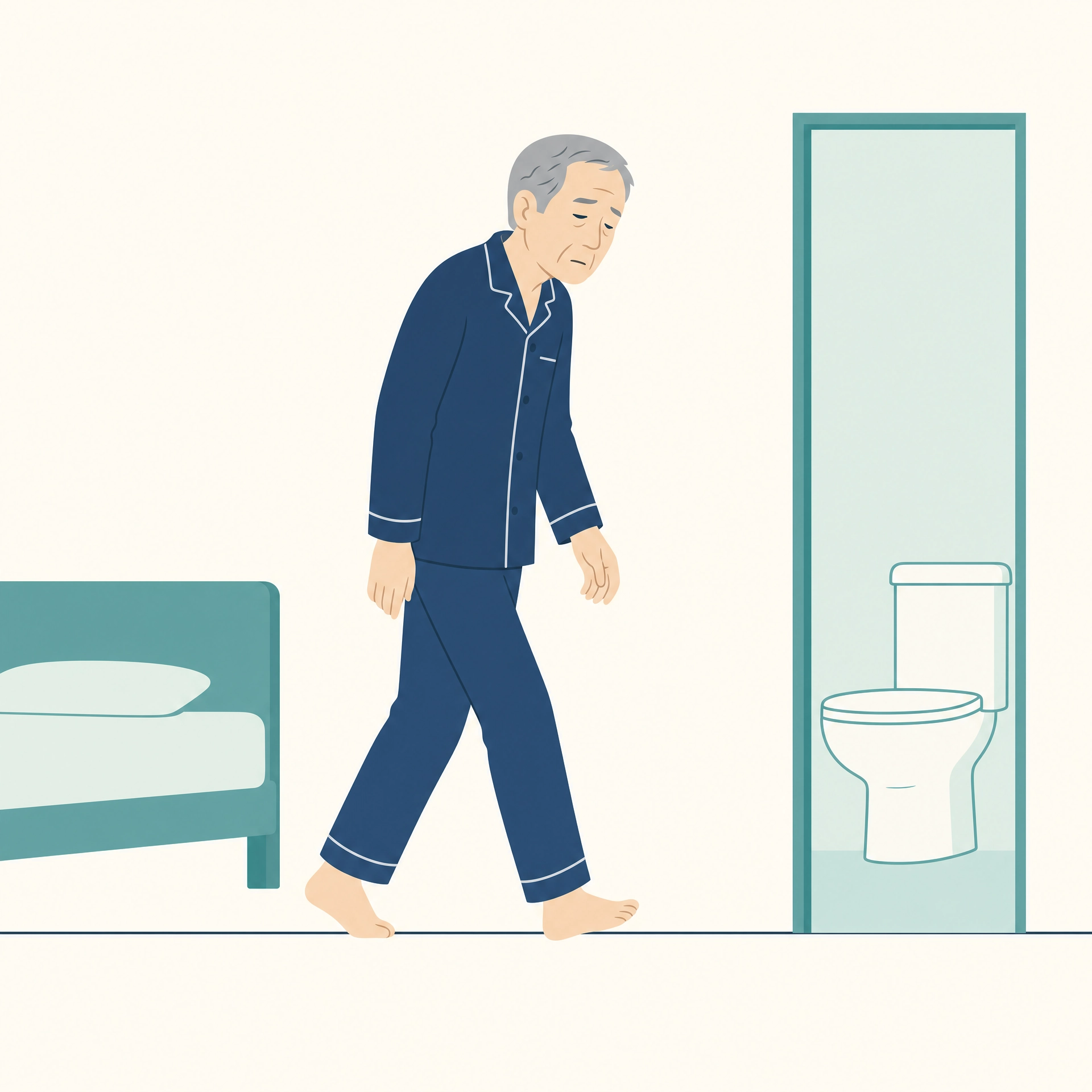 夜中に何度もトイレへ向かう男性のイラスト