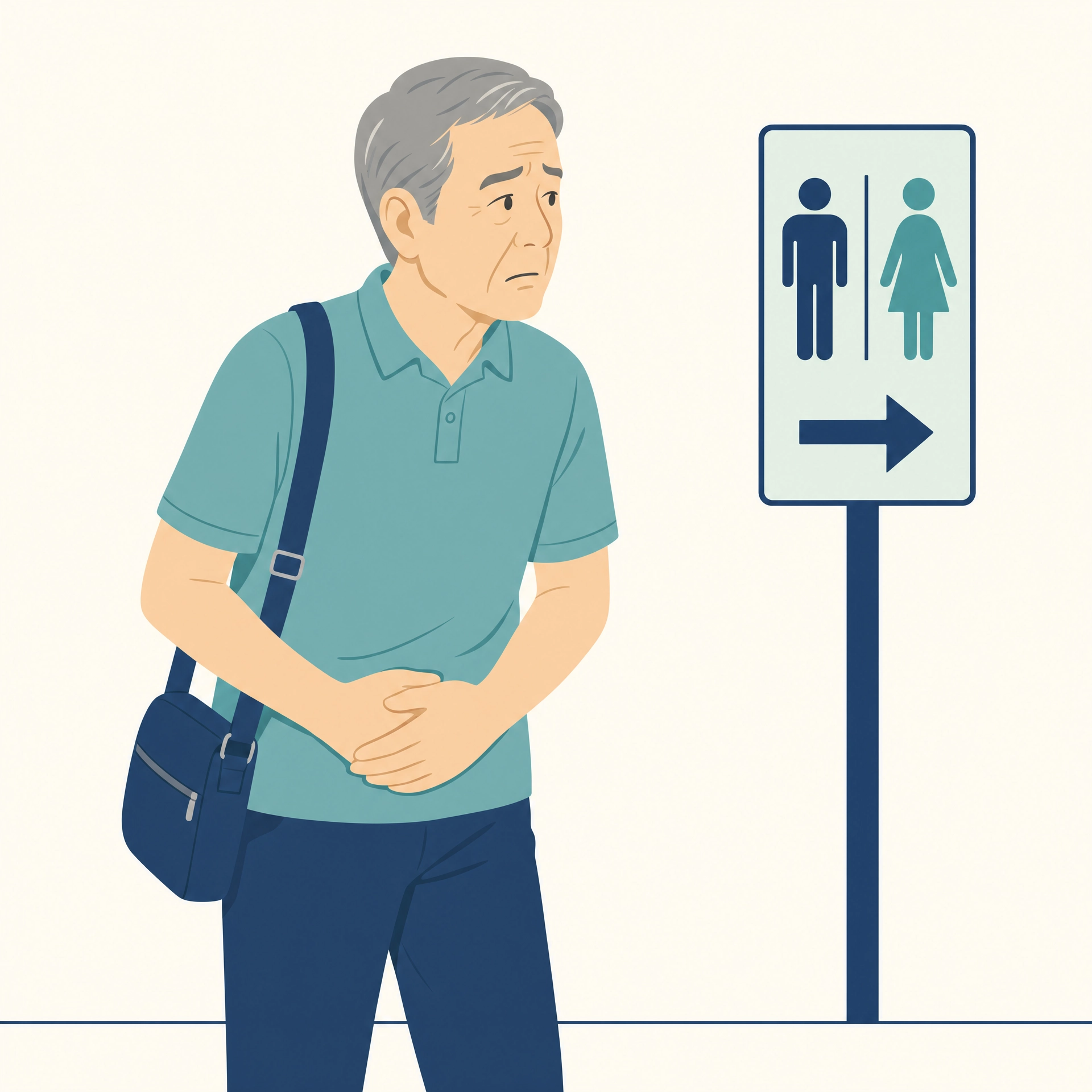 出先でトイレを気にする男性のイラスト