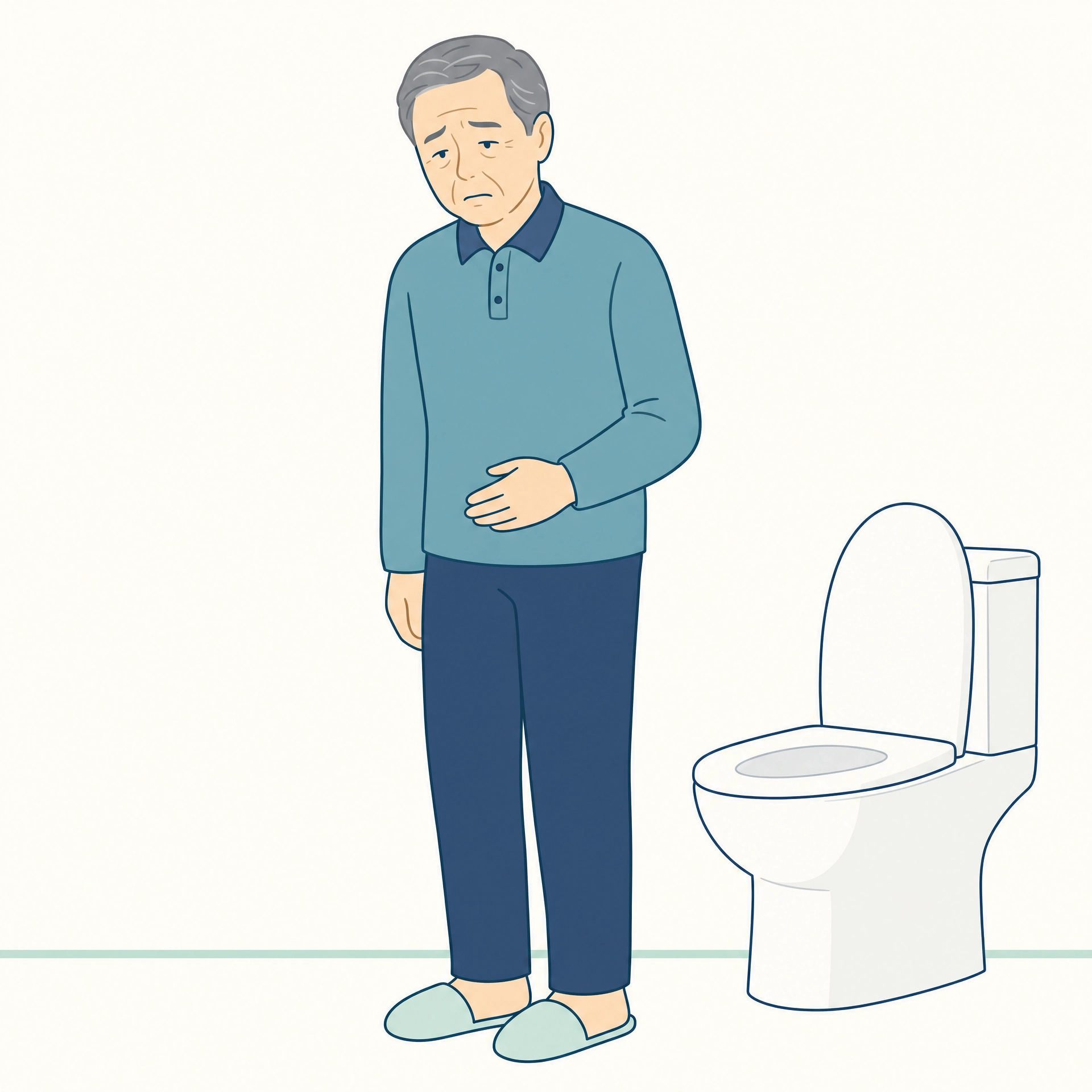 トイレを済ませてもすっきりしない男性のイラスト